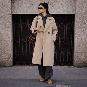 Zara Oversized Wool Blend Beige Double Breasted Long Coat Minimalist Chic
